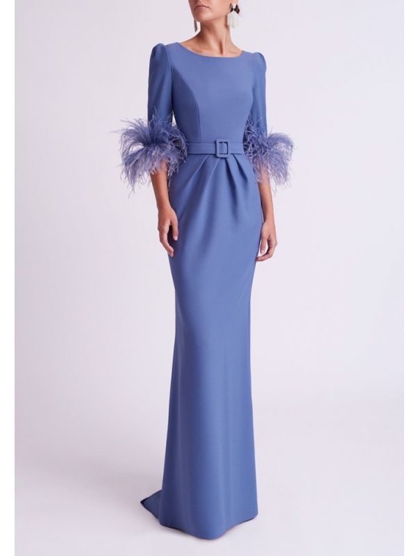Feather Sleeve Crepe Gown