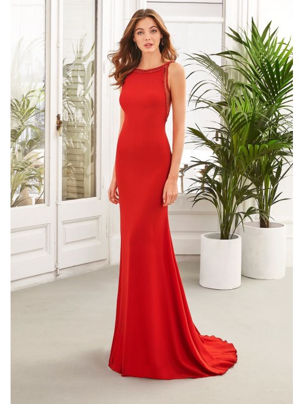 Beaded Crepe Gown With Open Back
