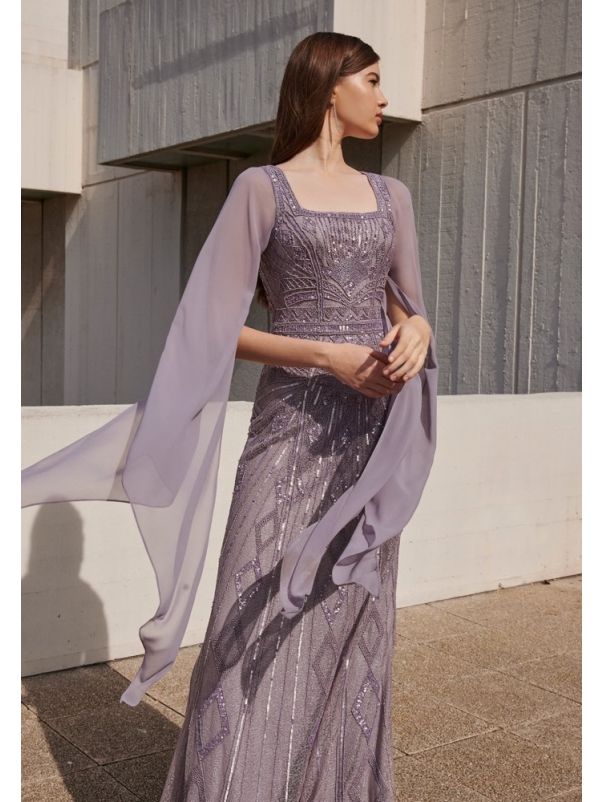 Embellished Cape Sleeve Evening Gown