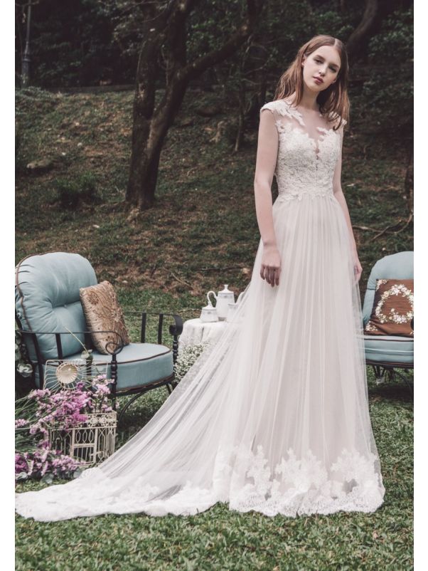 Embroidered Flowing Tulle Wedding Dress