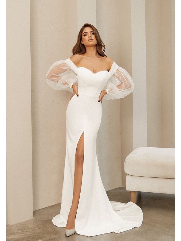 Illusion Sleeve Crepe Wedding Dress