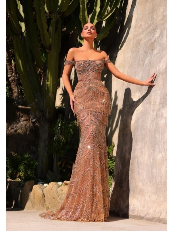 Embellished Fringed Gown