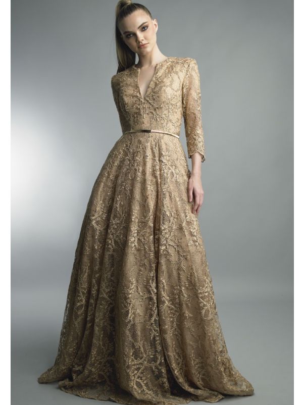 Embroidered Gold Evening Gown
