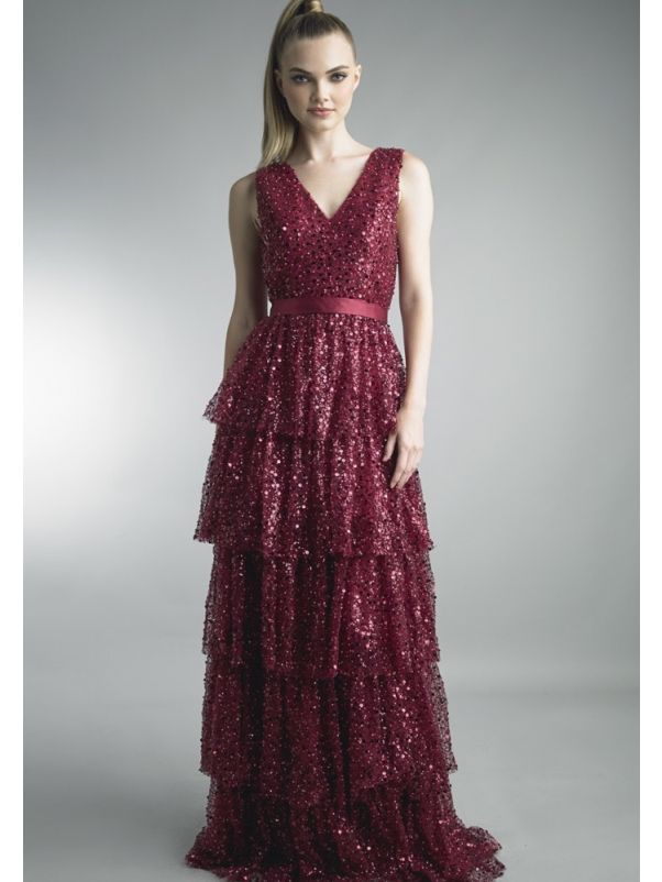 Sequined Tiered Evening Gown