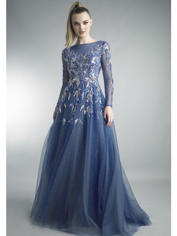 Beaded Long Sleeve Evening Gown