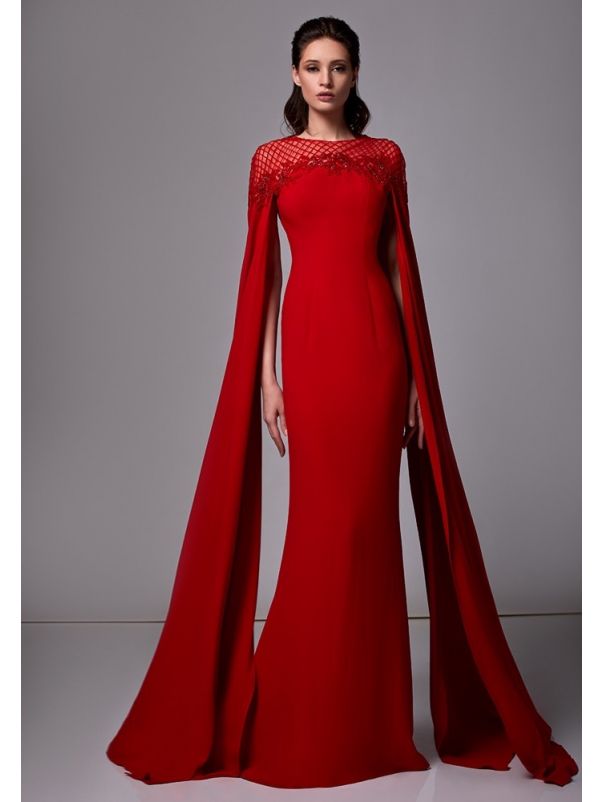 Red Crepe Gown With Cape