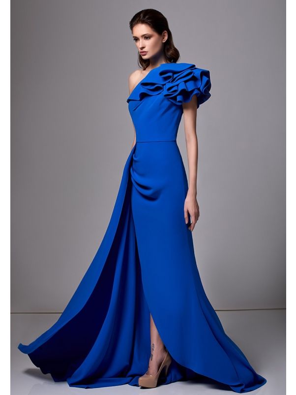 Ruffle Shoulder Crepe Gown