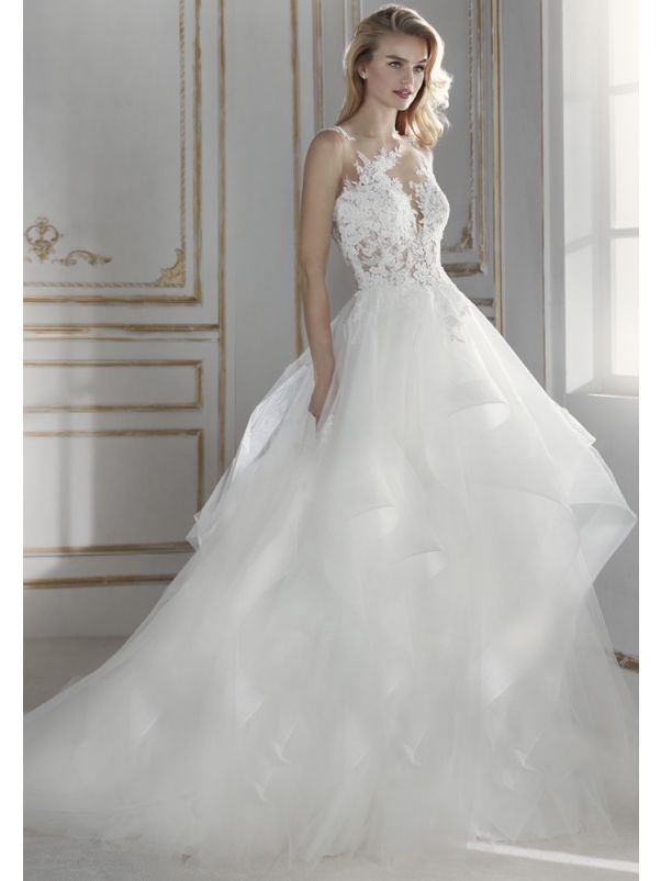 Embroidered Ruffle Tulle Ball Gown 