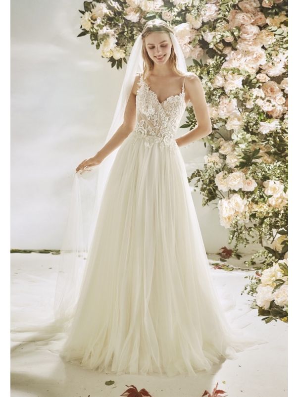 Beaded Tulle Wedding Dress With Thin Straps