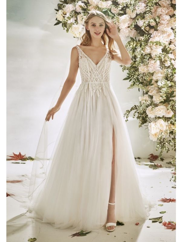 Beaded Slit Tulle Wedding Dress