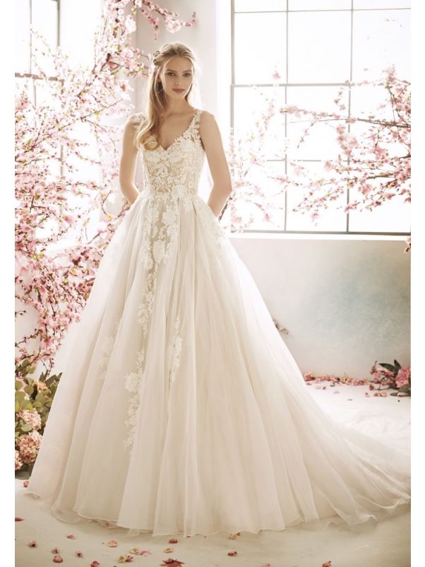 Embroidered Flowers Tulle Ball Gown