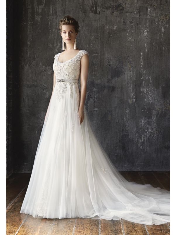 Beaded Tulle Wedding Dress With Cap Sleeves