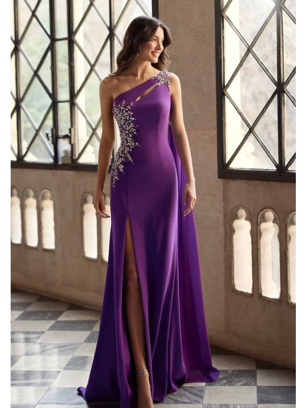 Beaded One-Shoulder Crepe Gown