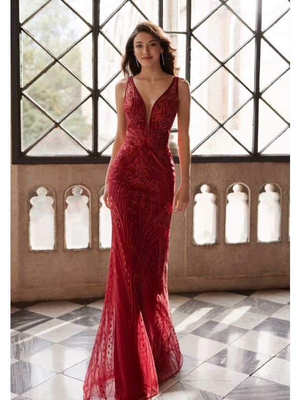 Embroidered Backless Evening Gown