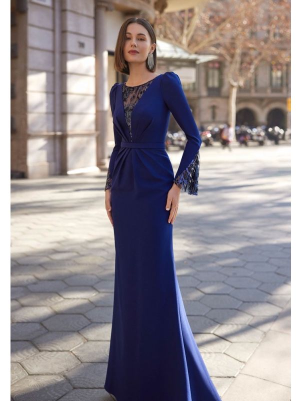 Embellished Long Sleeve Crepe Gown