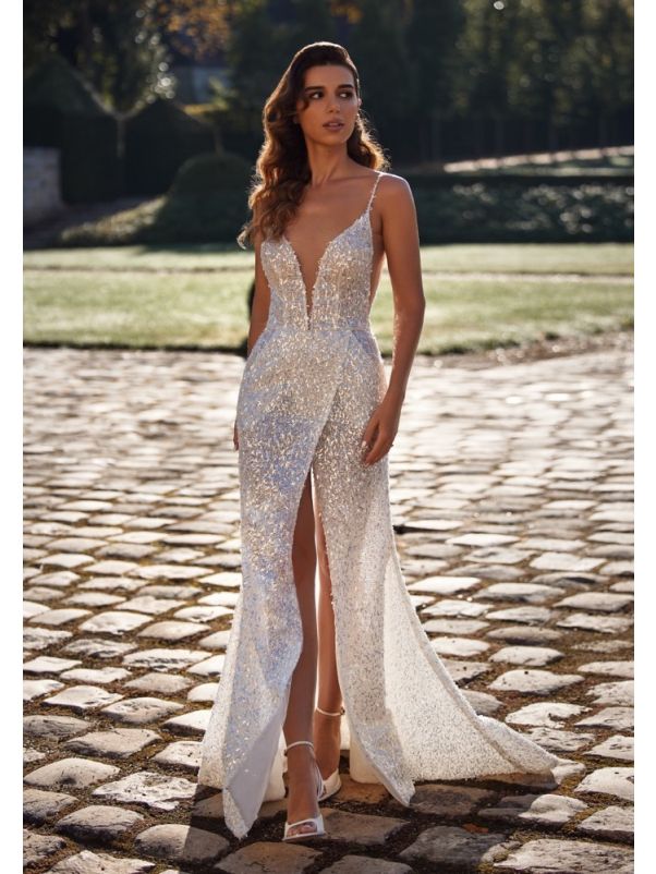 Embellished Backless High Slit Wedding Dress