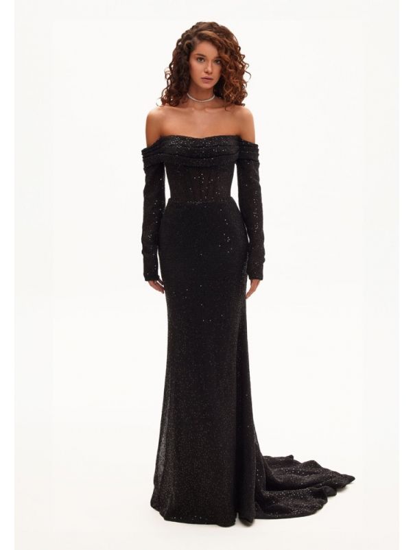 Sequined Long Sleeve Evening Gown