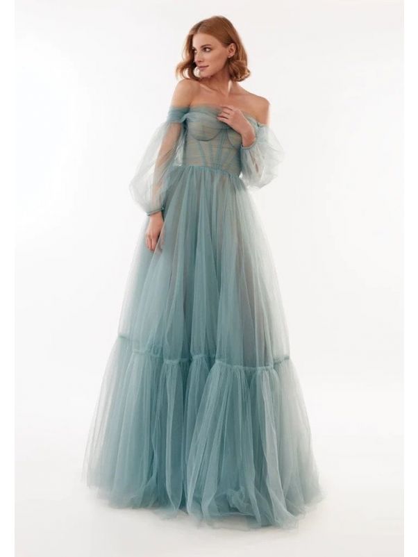 Sheer Sleeves Tulle Evening Gown