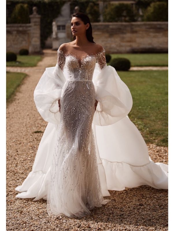 Embellished Sheer Sleeve Wedding Dress