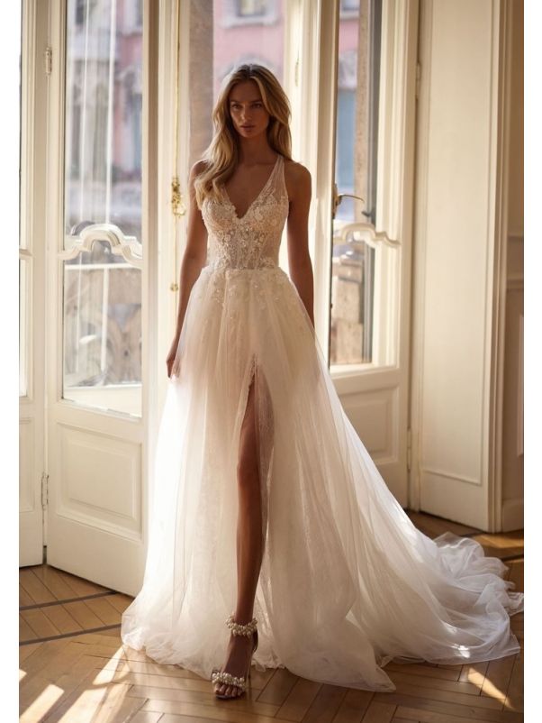 Embroidered Slit Wedding Dress