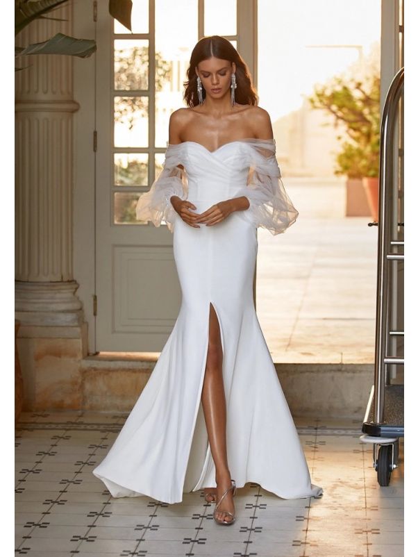 Illusion Sleeve Crepe Wedding Dress