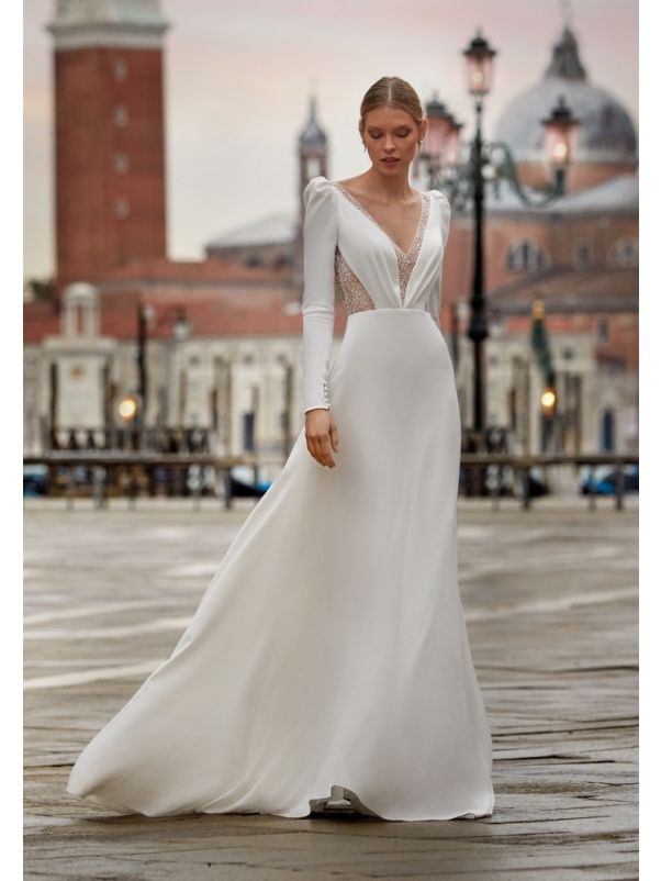 Beaded Long Sleeve Crepe Wedding Dress