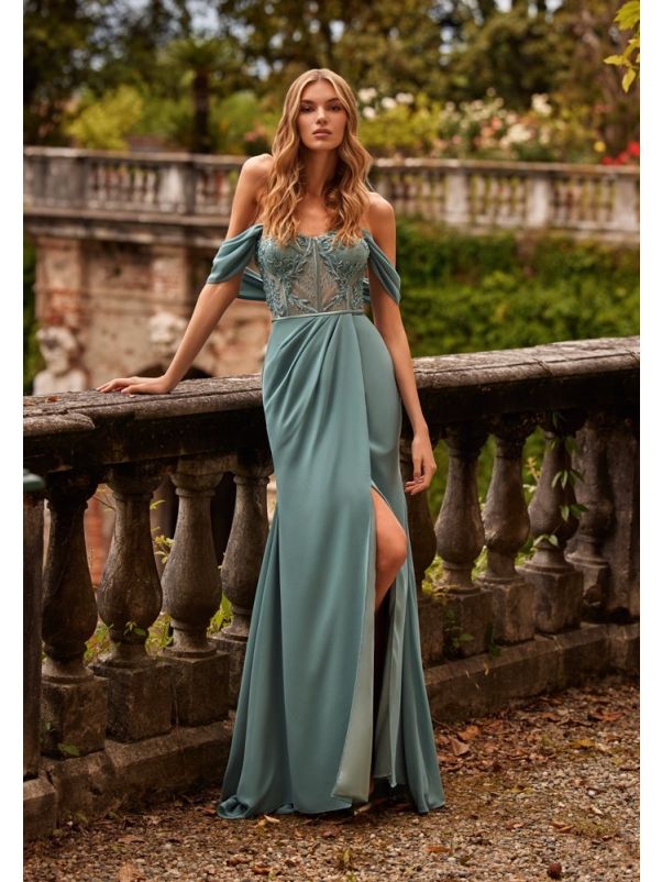 Chiffon VNeck Evening Dress With Full Skirt And LaceUp Back  Faviana