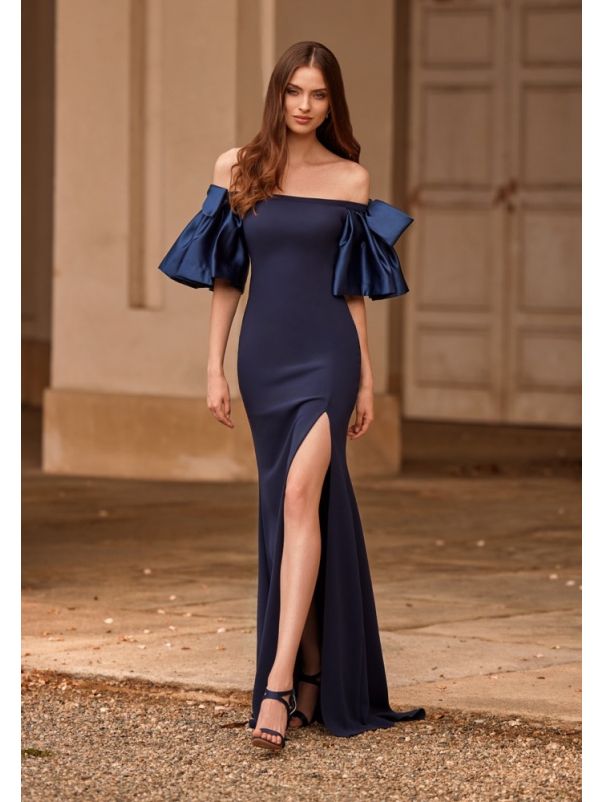 Ruffle Sleeve Crepe Evening Gown