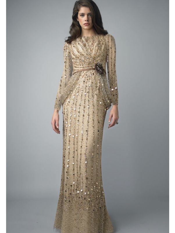 Beaded Long Sleeves Evening Gown