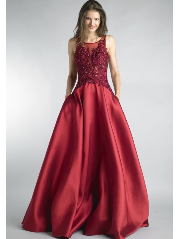 Beaded Red Satin Evening Dress