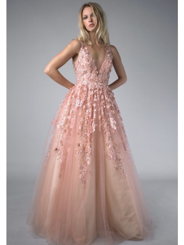 Floral Blossom Beaded Tulle Gown