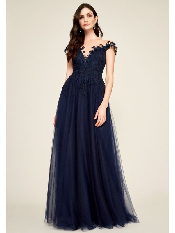 Embroidered Flower Tulle Gown
