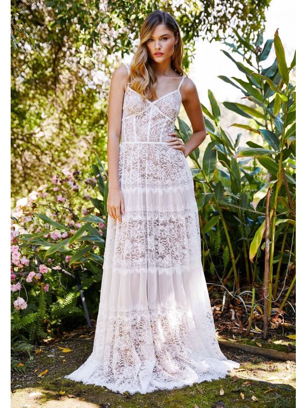 Embroidered Chiffon Gown With Straps