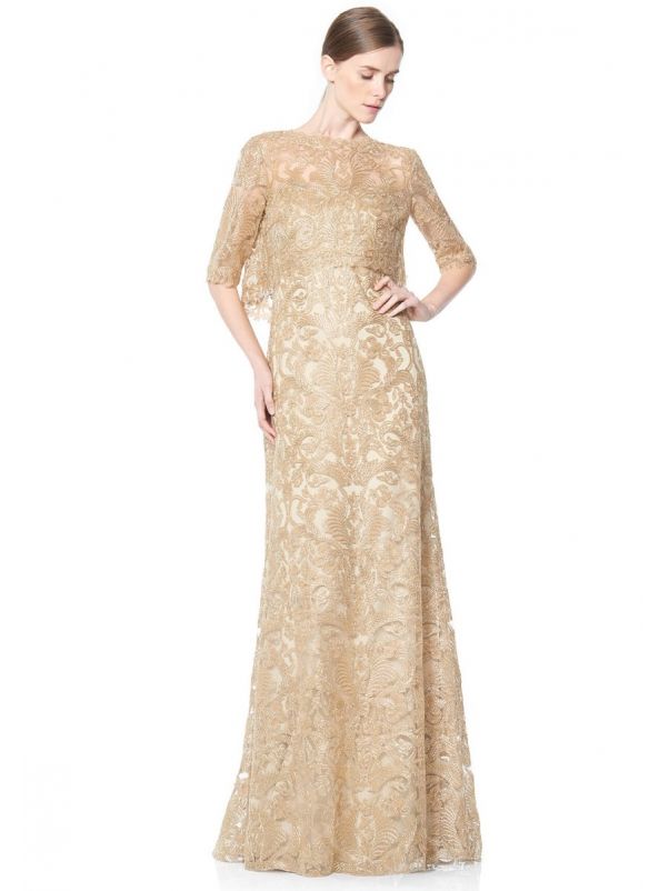 Gold Lace Embroidered Evening Dress