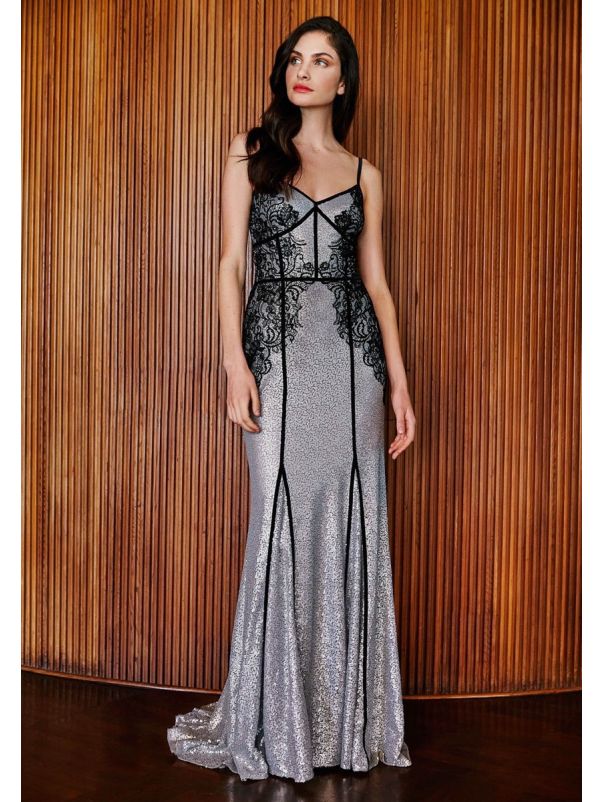 Embroidered Silver Sequined Gown