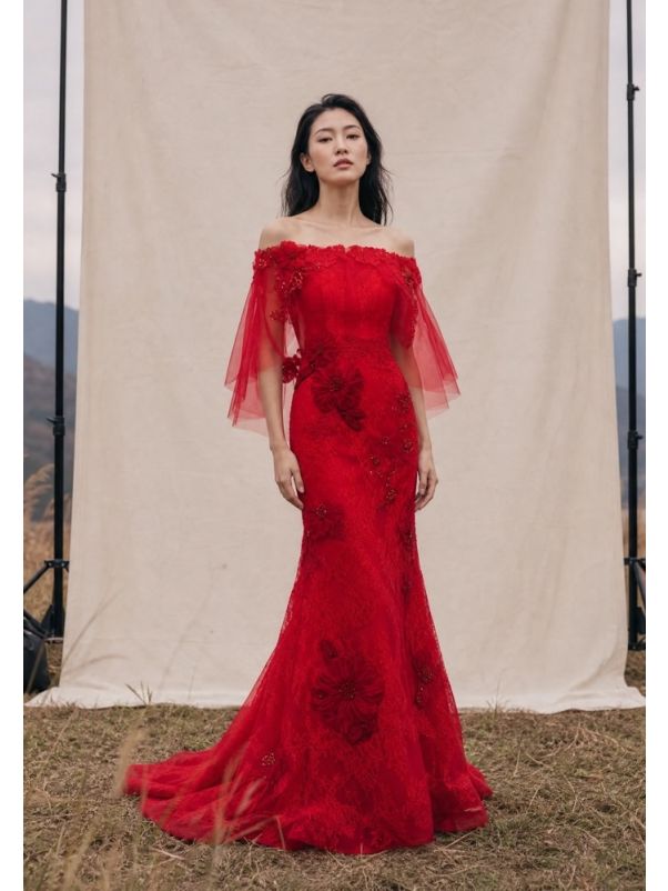 Beaded Flowers Lace Evening Gown