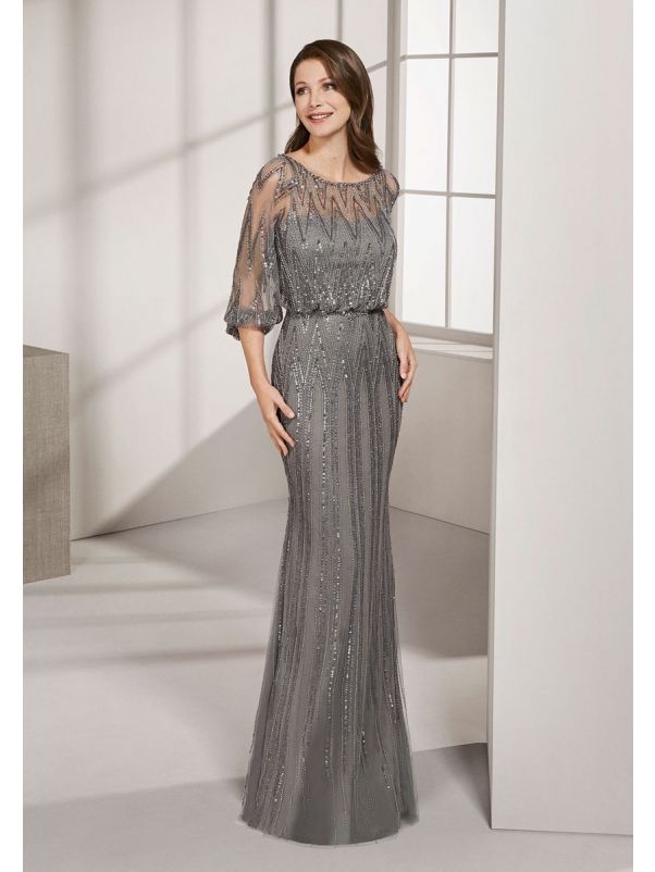 Beaded Tulle Gown With Illusion Sleeves
