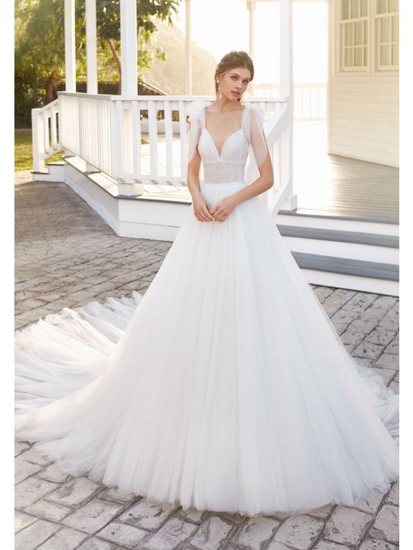 Beaded Tulle Ball Gown With Long Train
