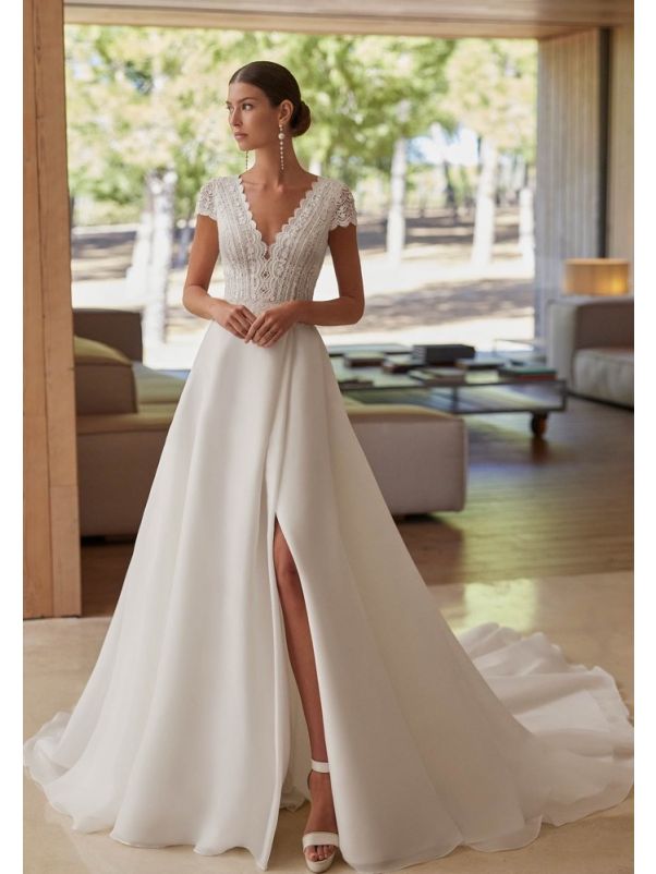 Embroidered Short Sleeve Wedding Dress