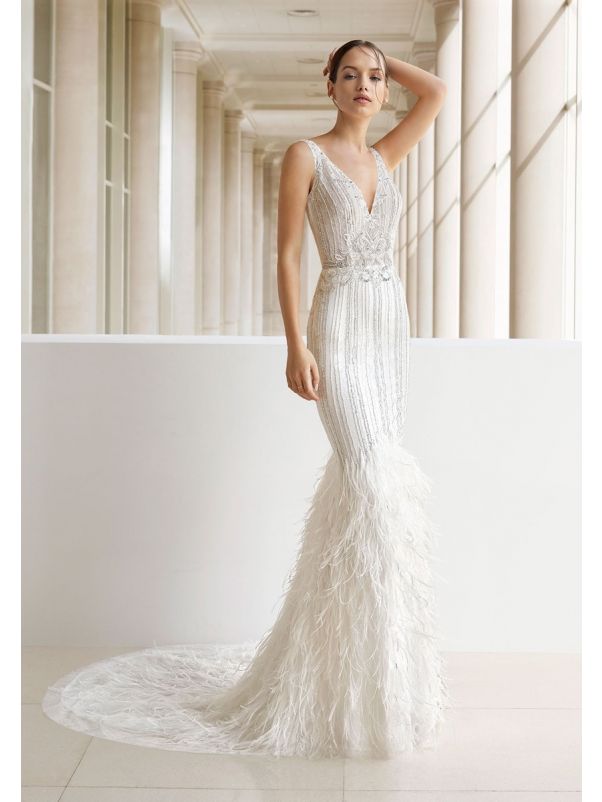Heavily Beaded Wedding Dress With Feathers
