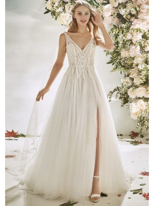Beaded Slit Tulle Wedding Dress