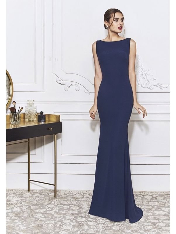 Minimalist-Style Navy Blue Crepe Gown
