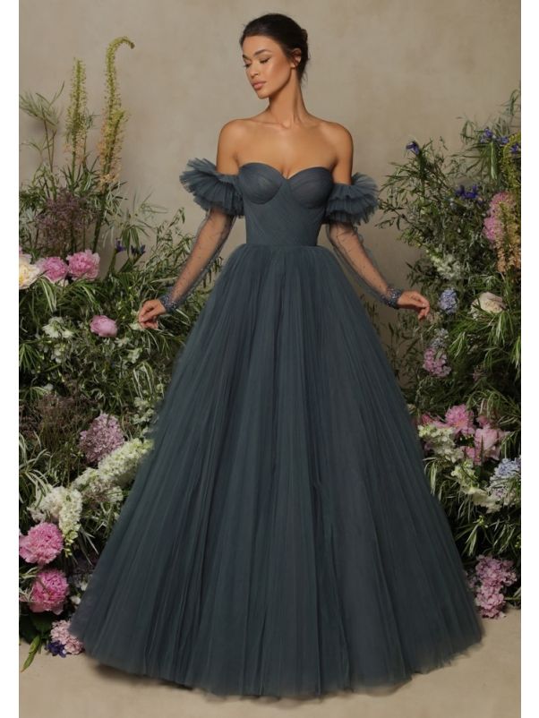 Illusion Sleeve Tulle Evening Gown