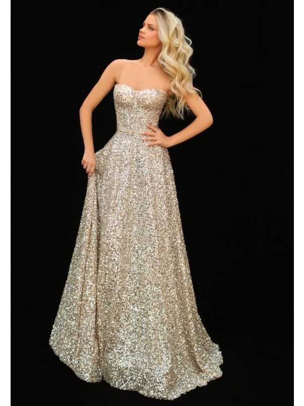 Sequined Evening Gown With Straps