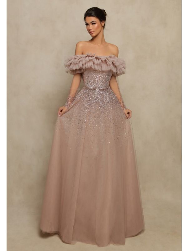 Beaded Ruffle Evening Gown