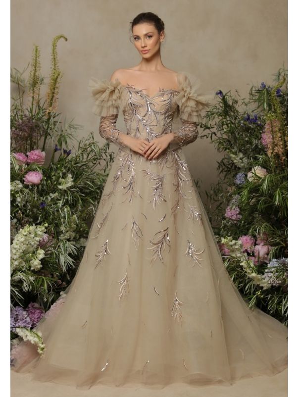 Embellished Long Sleeve Evening Gown