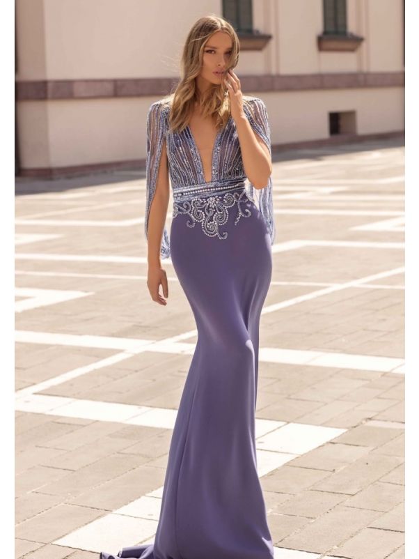 Heavily Beaded Purple Mermaid Evening Gown