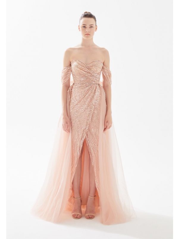 Beaded Draped Evening Gown