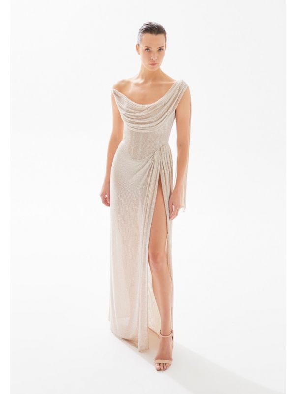 Draped Side Slit Evening Gown