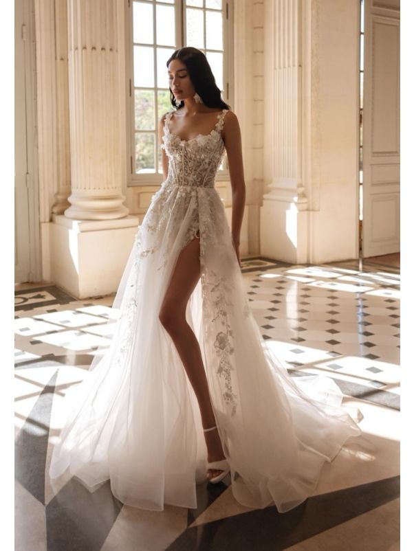 Embroidered Slit Wedding Dress